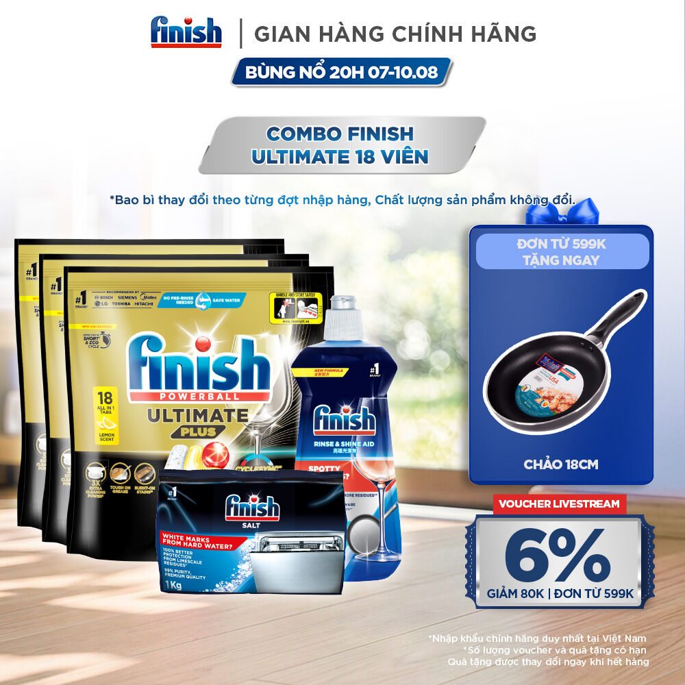 Combo 3 Viên rửa chén Finish Ultimate 18 viên + Nước làm bóng 500ml + Muối rửa chén 1kg