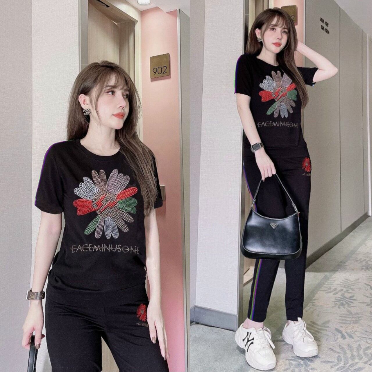 Sét đồ bộ nữ đính đá hoa cúc cao cấp thun cotton 100%