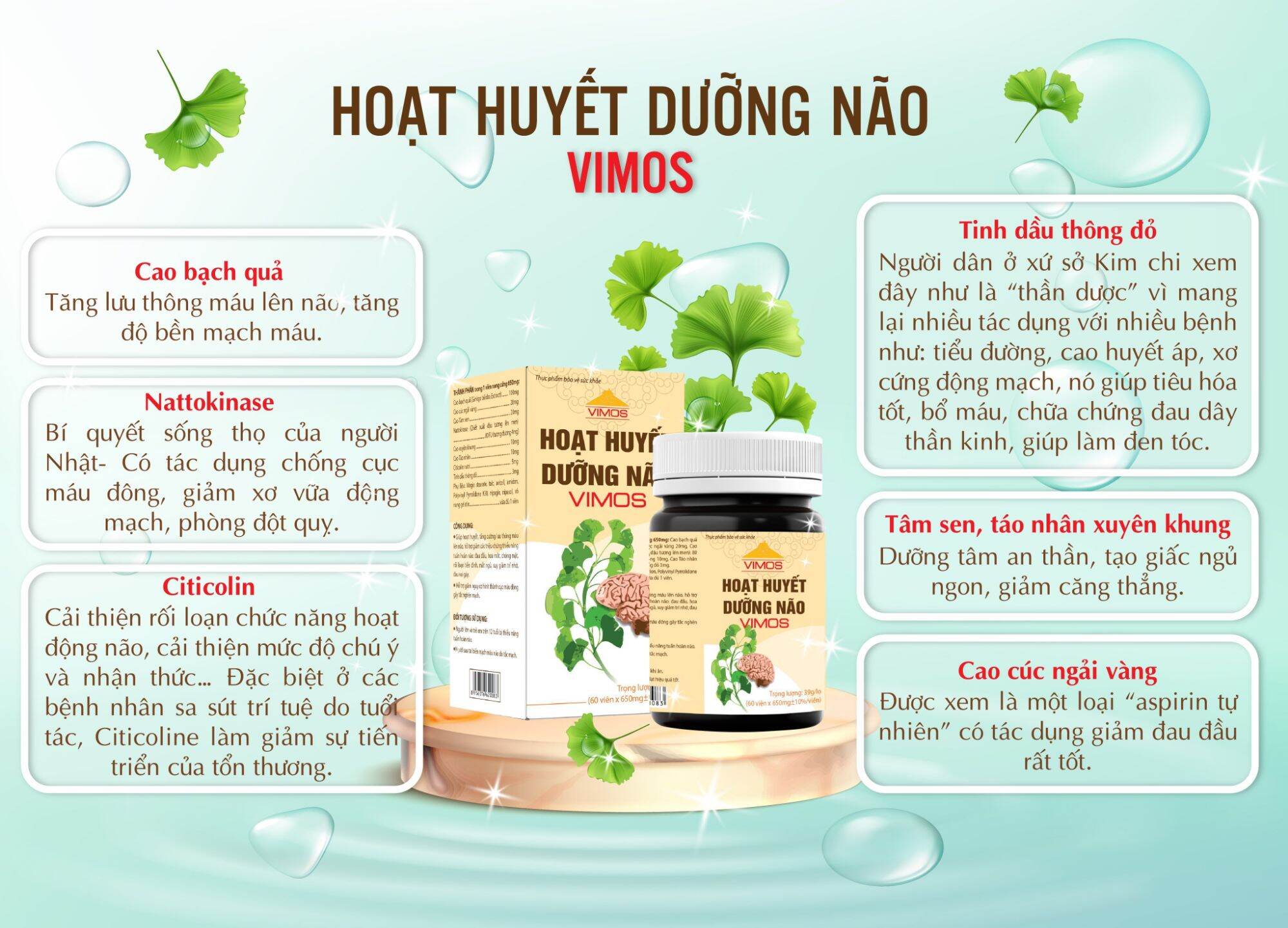 HOẠT HUYẾT DƯỠNG NÃO vimos một sản phẩm đến từ Cty Cp Dp VIMOS giúp làm giảm đau đầu chóng mặt, thiếu máu não ,rối loạn tiền đình mất ngủ