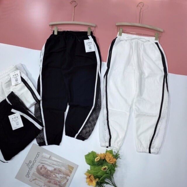 Quần baggy nữ vải đũi phối lưới