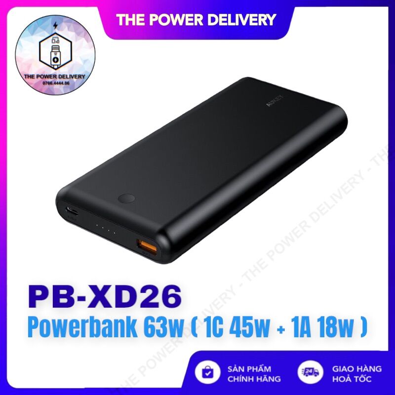 Pin sạc dự phòng tích hợp cổng usb type-c in/out hỗ trợ power delivery pd và sạc nhanh qc 3.0 aukey pb-xd26 26800mah