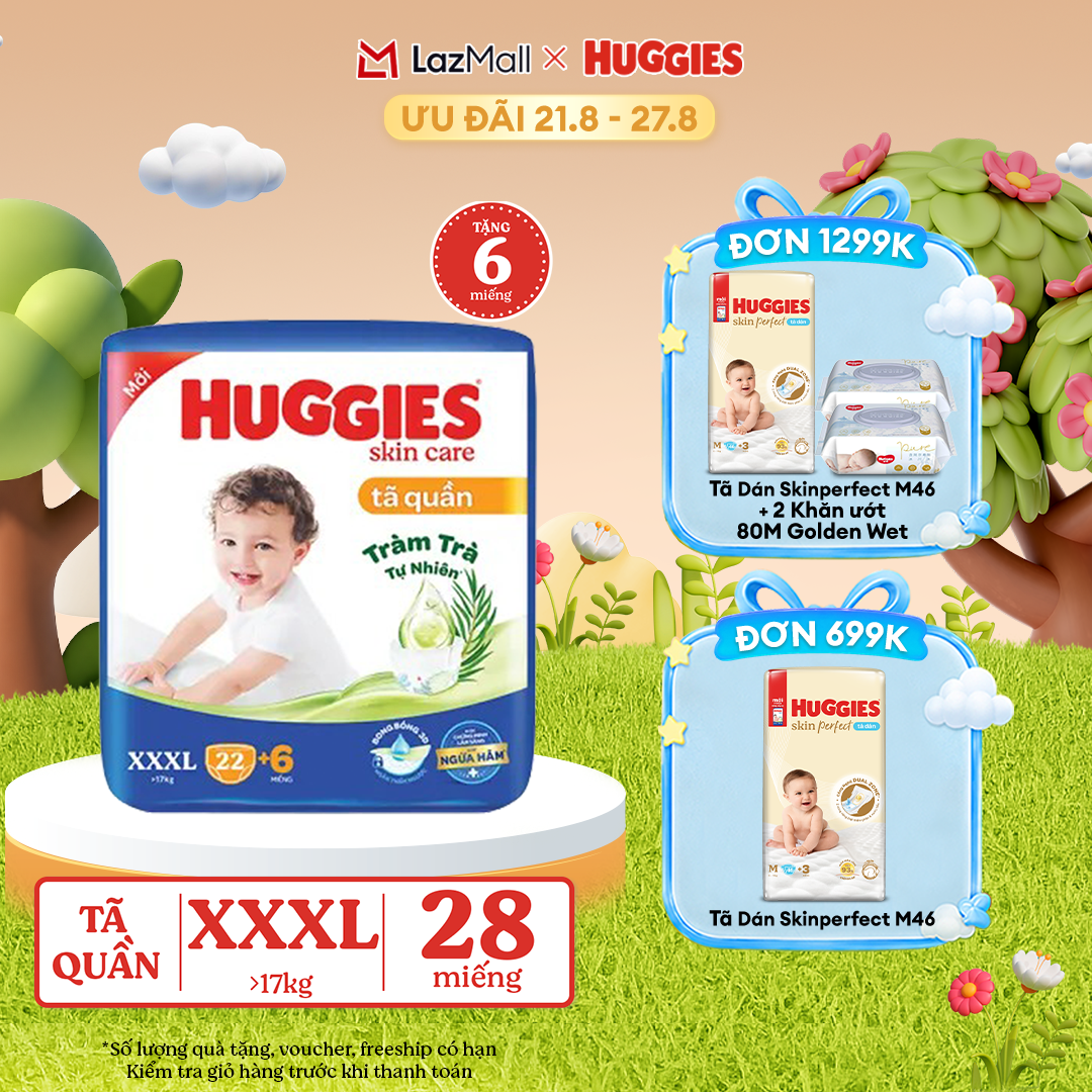 [17-24.08 GIẢM THÊM 90K] [Tặng 6 miếng] Tã/bỉm quần Huggies Skin Care Super Jumbo XXXL22+6 miếng với tràm trà dịu da