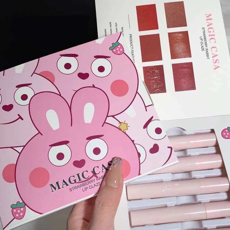 Set 6 Son Kem Lì Thỏ Hộp Hồng Magic Casa Strawberry Rabbit Lip Claze