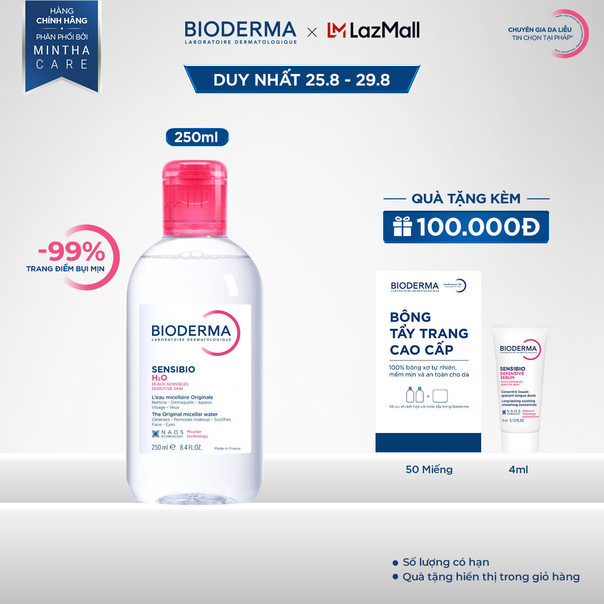 Dung dịch làm sạch và tẩy trang micellar cho da thường và da nhạy cảm Bioderma Sensibio H2O - 250ml