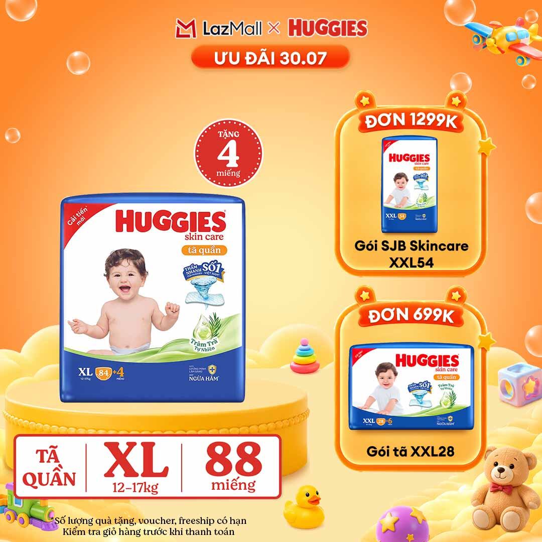 [30.7 GIẢM THÊM 90K]  Gói Tã/bỉm quần HUGGIES SKINCARE MEGA JUMBO size XL84+4 miếng