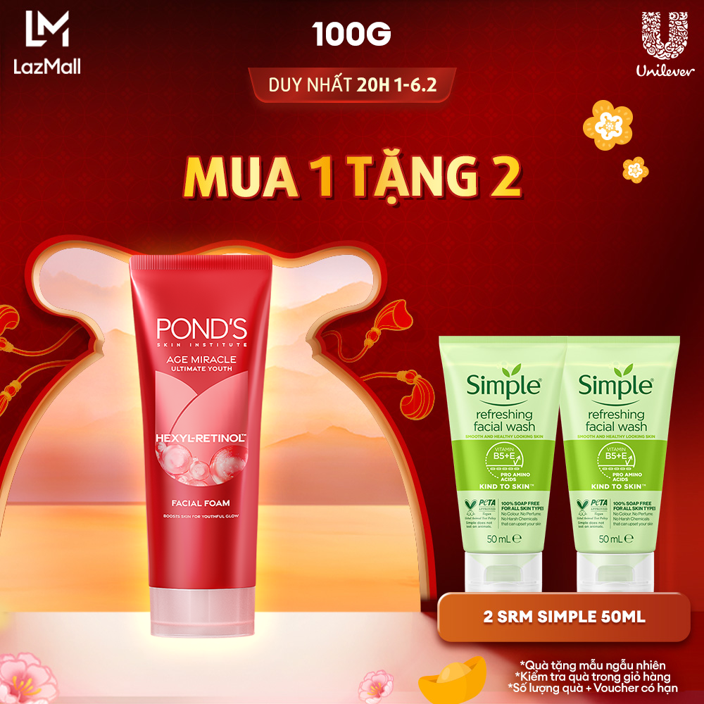 Sữa rửa mặt Pond's Age Miracle mờ đốm nâu và nếp nhăn với 50X Hexyl-Retinol 100G