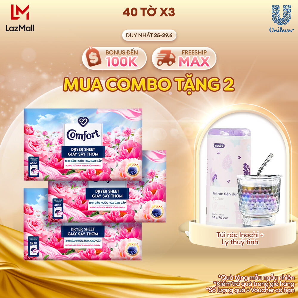 Combo 3 Hộp Giấy Thơm Comfort Hương Mẫu Đơn Và Hoa Hồng Ohara 40 tờ/hộp, Dành Cho Máy Sấy Quần Áo, Tủ Quần Áo