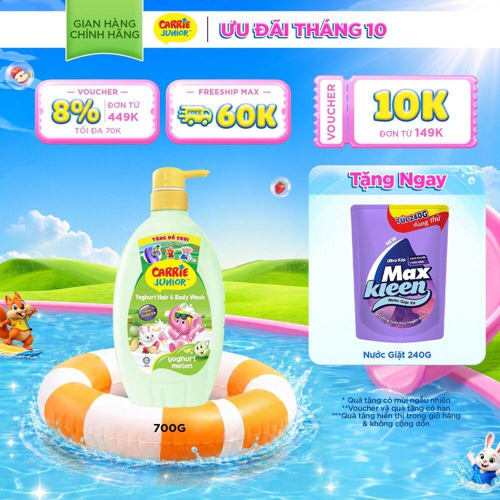 Sữa Tắm Gội Cho Bé Carrie Junior Yoghurt chiết xuất trái cây thiên nhiên Hương Dưa Lưới 700g