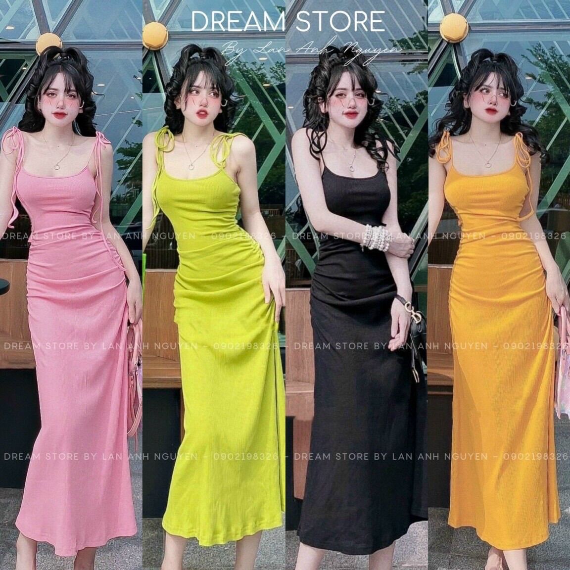 Váy body nhún eo cột dây vai chất gân dày dặn - Đầm body dáng dài cột dây vai