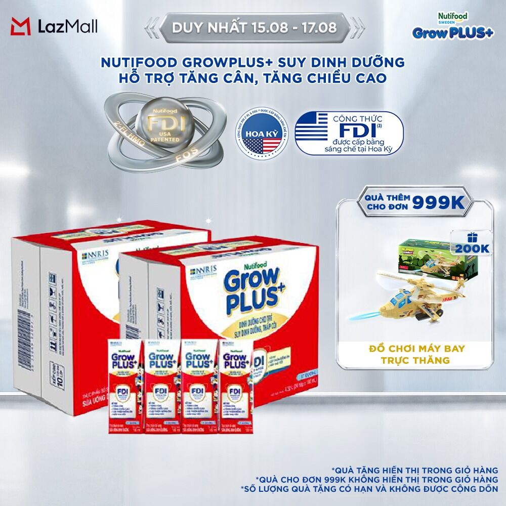Thùng Sữa Nước Pha Sẵn Nutifood GrowPLUS+ Ít Đường suy dinh dưỡng - Hỗ trợ tăng cân, tăng chiều cao - Trên 1 tuổi (48 Hộp x 180ml) (Bao bì tùy đợt nhập hàng)