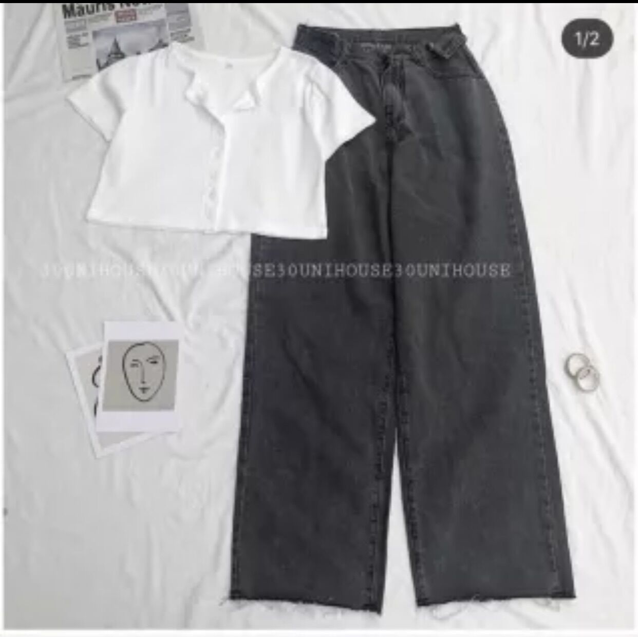set baggy xám đai nút + crop gài nút trắng