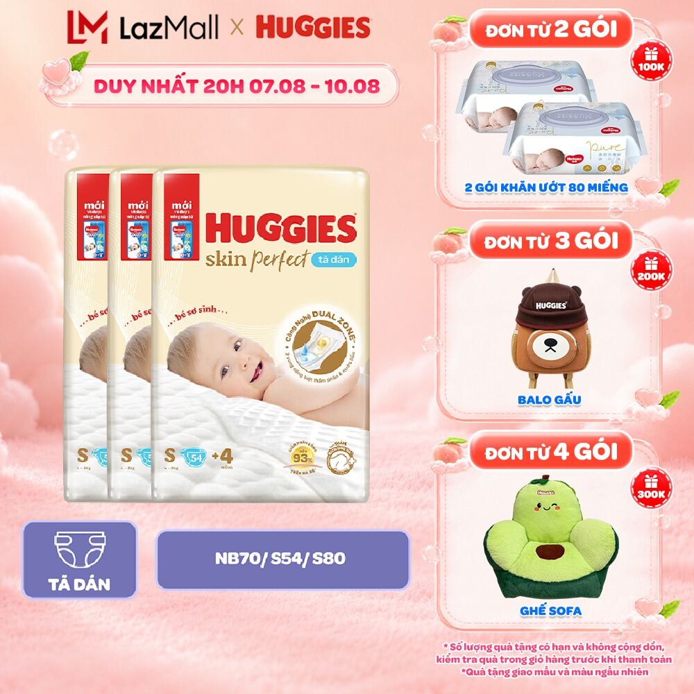 Thùng 3 gói Tã Dán Sơ Sinh Huggies Skin Perfect NB70/S54/S80 Với 2 Vùng Thấm Giảm Kích Ứng Da
