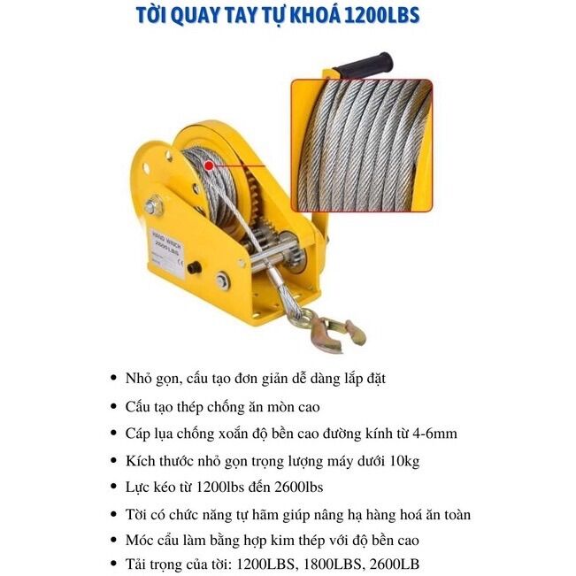 Tời Quay Tay Tự Khoá cáp dài 20 mét