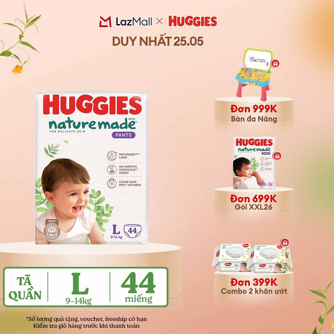 [CHỈ 25-29.05 QUÀ TẶNG ĐƠN 399K](Mua 1 tặng 1) Tã/Bỉm quần HUGGIES PLATINUM NatureMade L44 (9-14kg)-Gói Jumbo 44 miếng