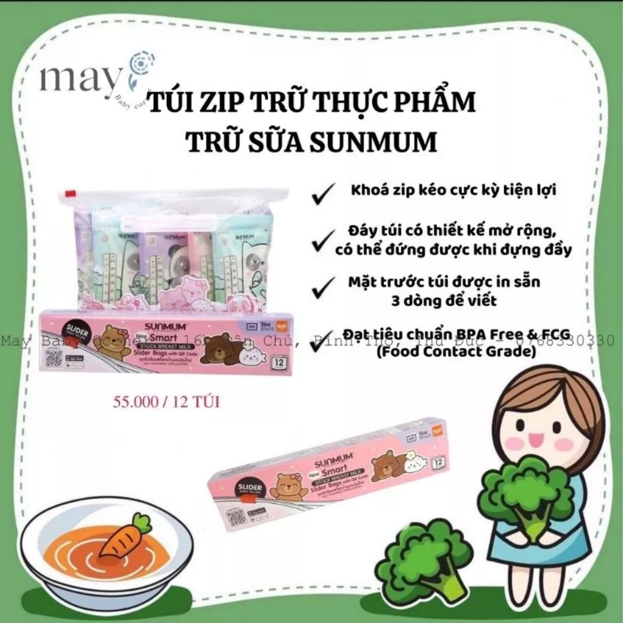 Túi Zip bảo quản Sunmum made in Thái Lan, hôp 12 túi mẫu mới