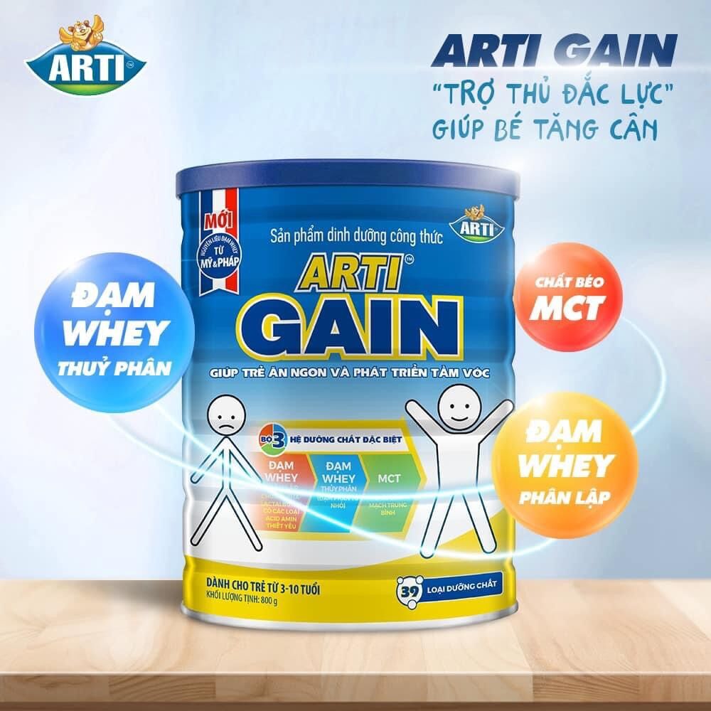 Sữa bột Arti Gain Xanh 3-10 tuổi Dành cho trẻ nhẹ cân Lon 900g (Date mới)