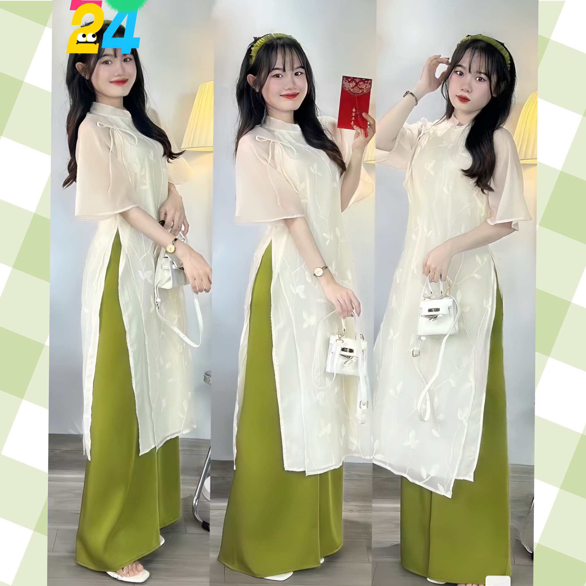 (SHOP TÁO ĐỎ BIGSIZE 50KG ĐẾN 90KG) set áo dài thiếu nữ voan tơ tay lửng