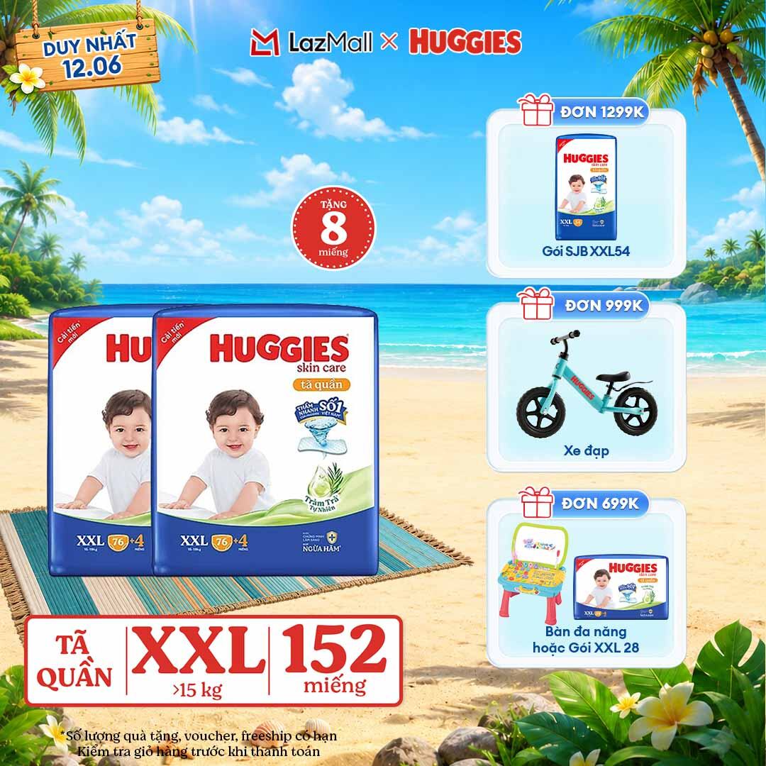 [Chỉ 22-24.06 GIẢM THÊM 90K]  Combo 2 Gói Tã/bỉm quần HUGGIES SKINCARE MEGA JUMBO size XXL76+4 miếng