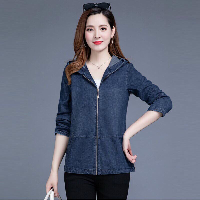 Áo khoác jean nữ phối nón khóa kéo