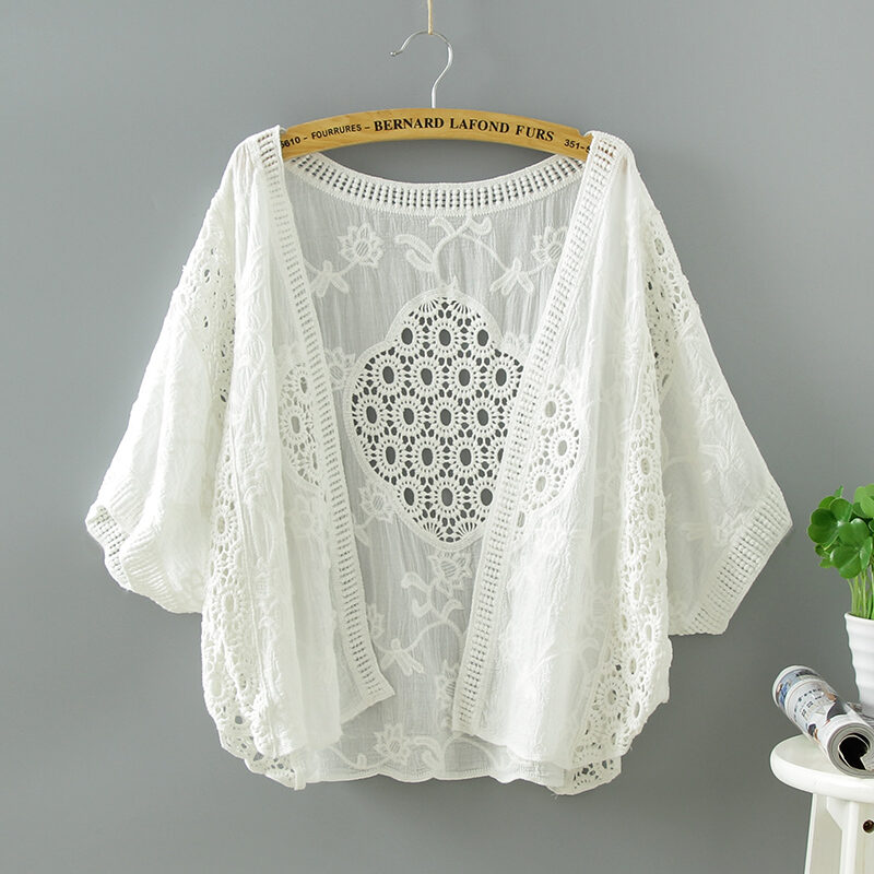 Áo Khoác Cardigan Tay Ngắn Mùa Hè Bằng Vải Ren Rỗng Mỏng Không Tay Áo Che Nắng Cho Nữ Áo Khoác Ngoài