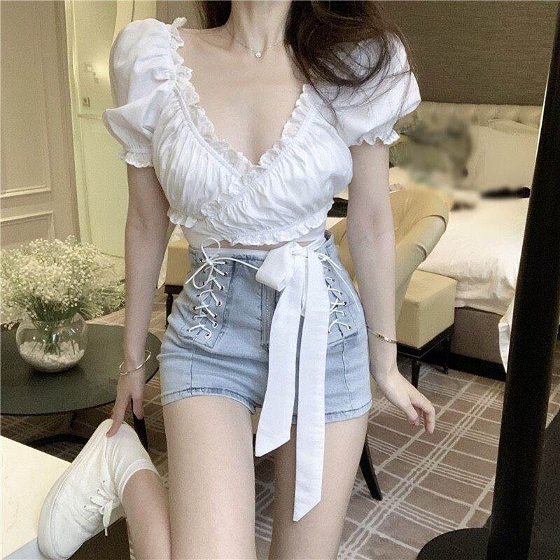 Áo kiểu bèo chéo buộc eo