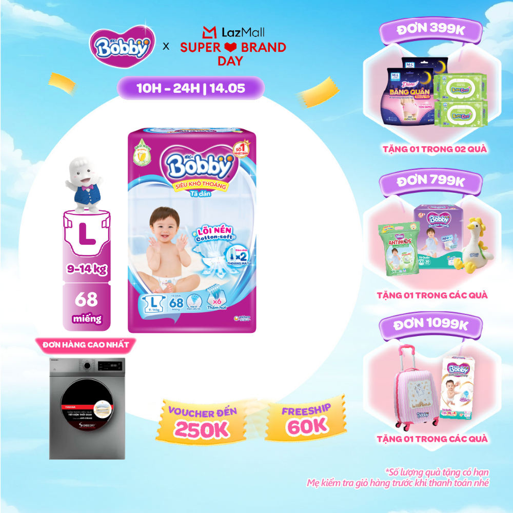 [SALE GIỮA THÁNG tặng QUÀ TO-SLCH]Tã/Bỉm dán Bobby 3mm Ultra Jumbo Gạo non Giảm nhiệt L68