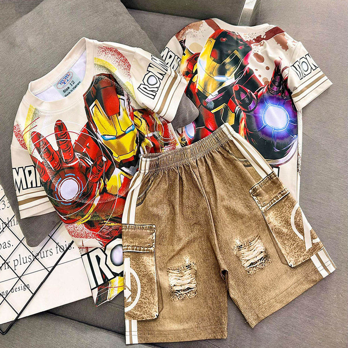 Đồ bộ bé trai vải thun co giãn, set đồ in 3D, bộ quần áo trẻ em T021H1