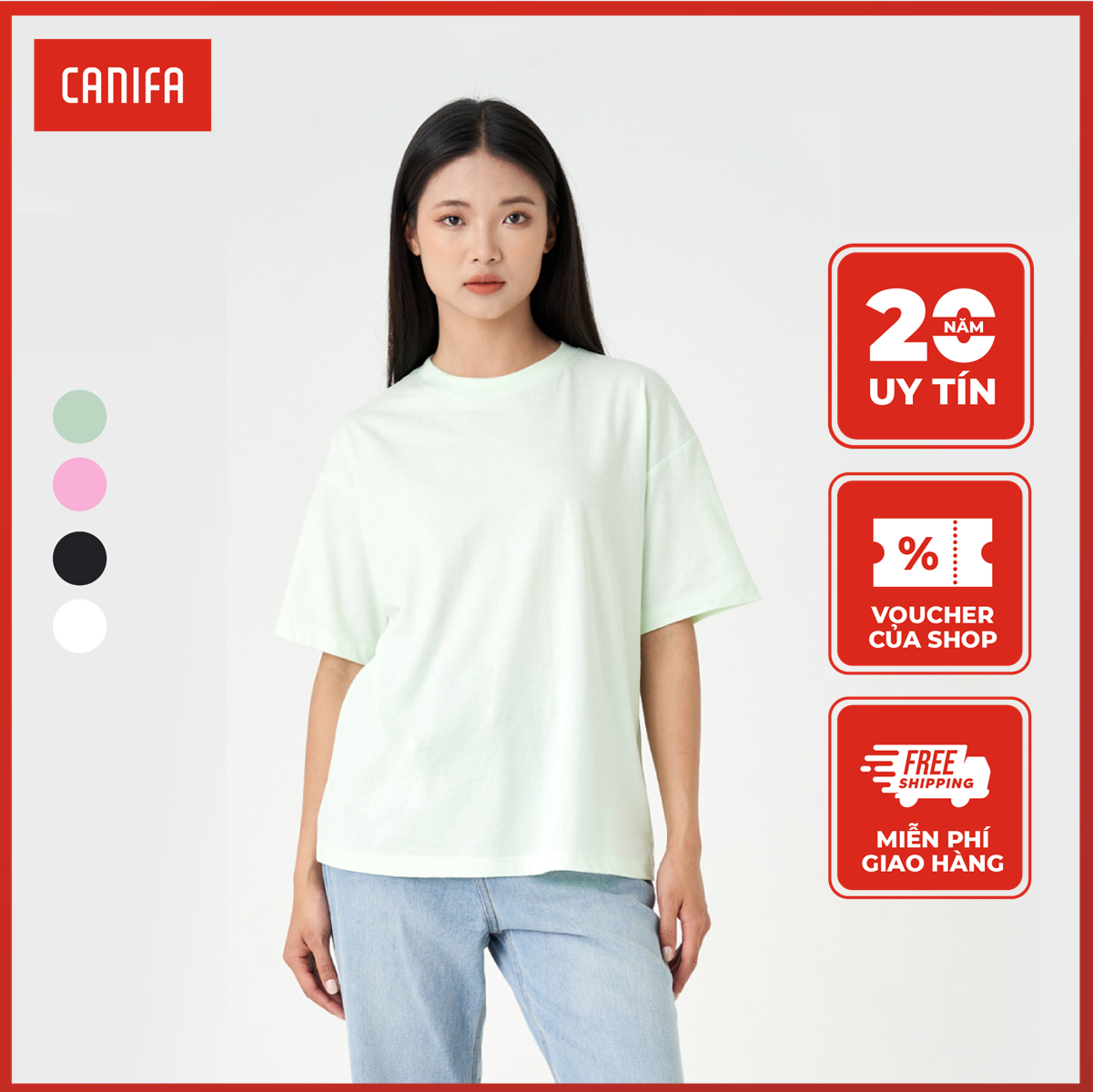  Áo thun nữ CANIFA Áo thun cotton pha cổ tròn tra bo tay cộc phom regular 6TS23A003 