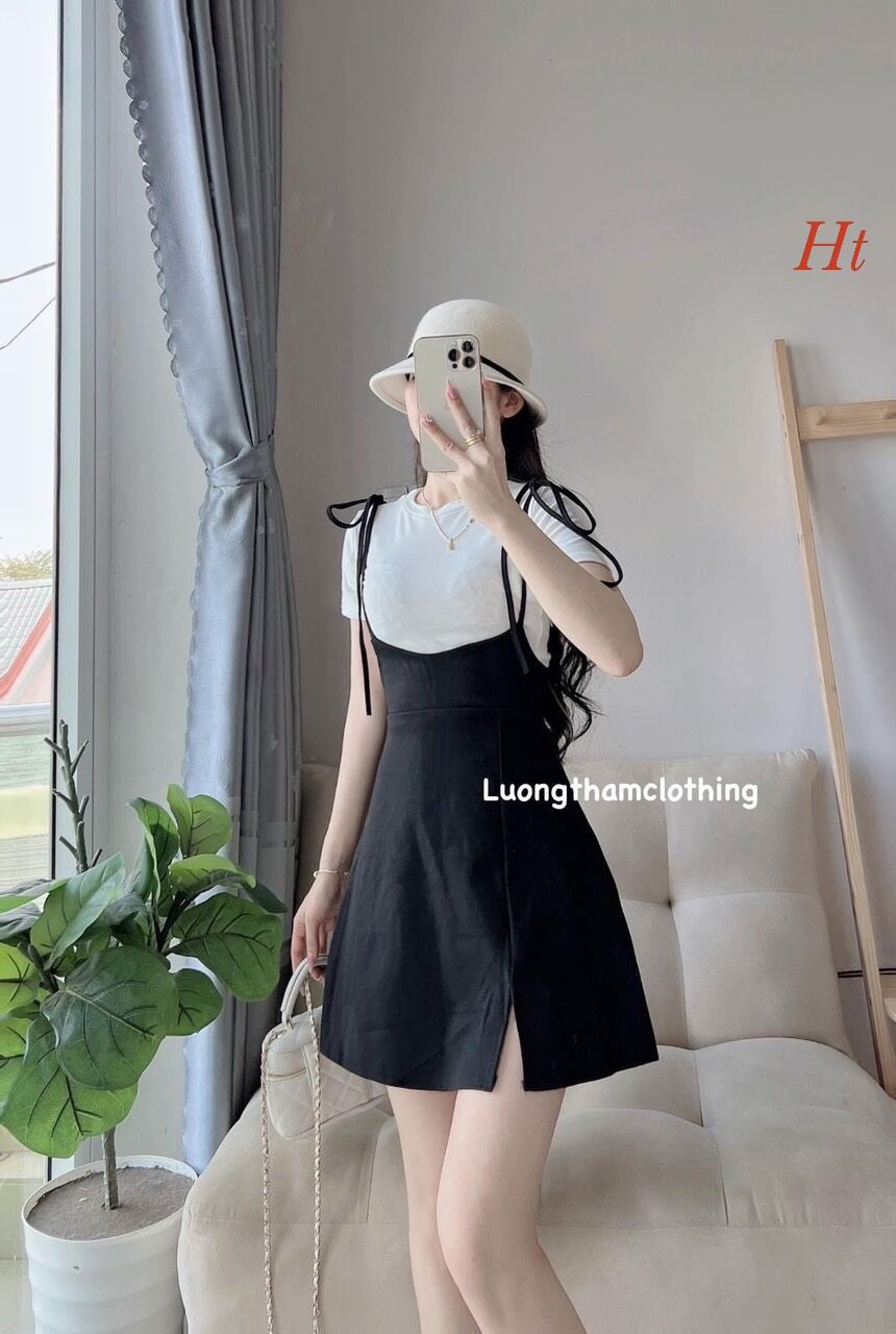Sét váy yếm 2 dây kèm áo thun trắng HT39