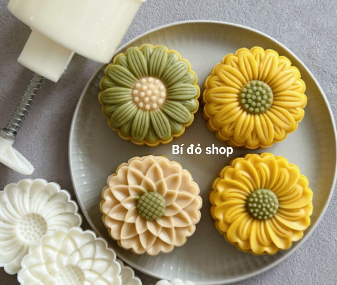 Bộ khuôn trung thu lò xo HOA CÚC 4 mặt 1 nhấn size 50g, 150g, 200g - Bí đỏ shop Dụng cụ làm bánh