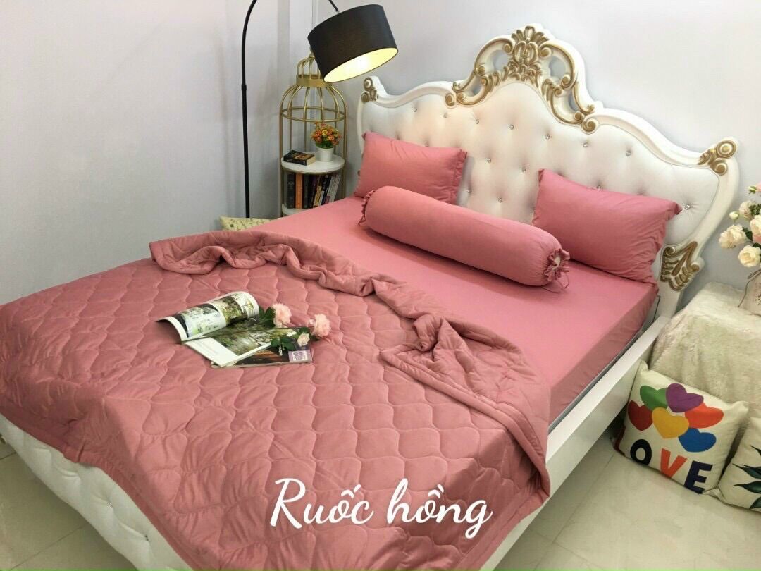 Set 5 chăn drap áo gối thun lạnh màu tông hồng