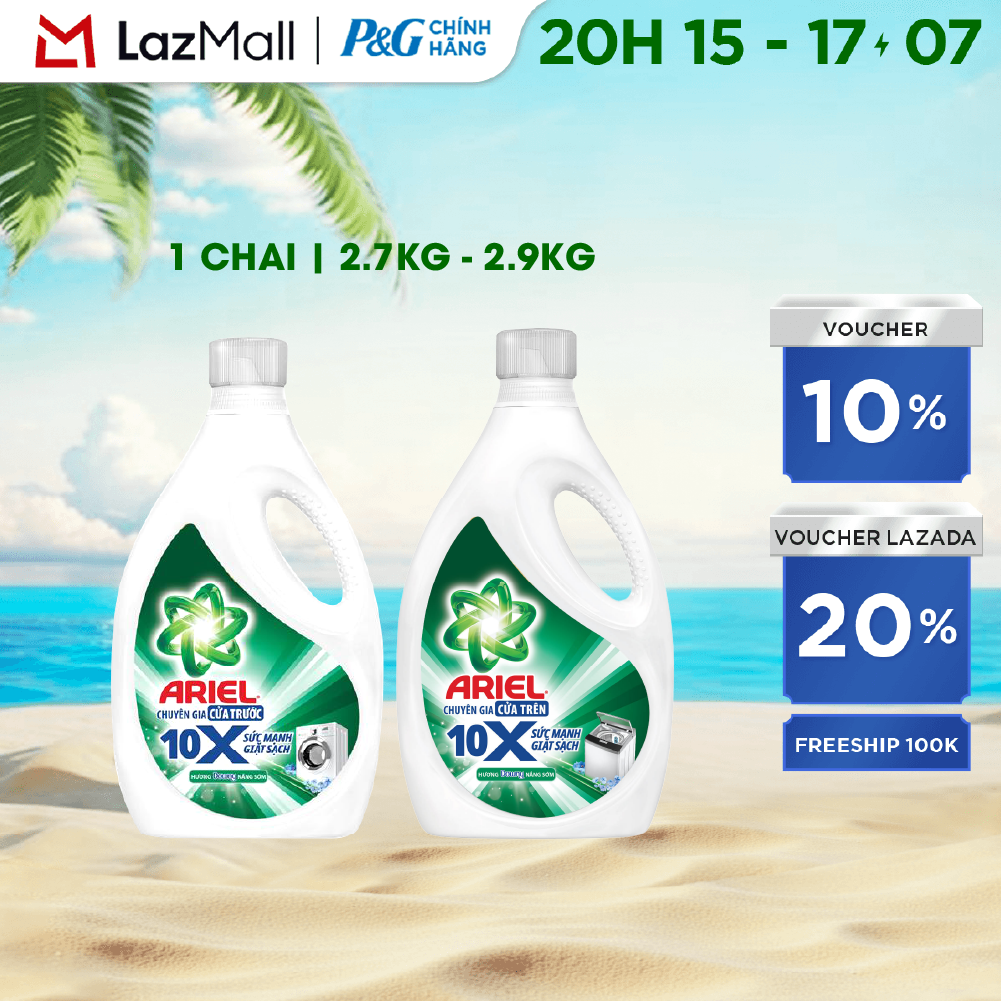 Nước Giặt Gel ARIEL 10X Sức Mạnh Giặt Sạch Chuyên Gia Cửa Trước/Cửa Trên Hương Downy Nắng Sớm Chai 2.7KG/2.9KG