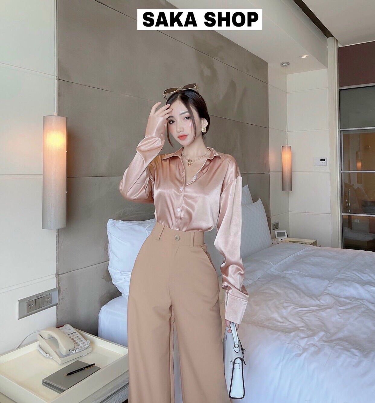 Áo sơ mi lụa nữ tay dài màu hồng nude vải cao cấp
