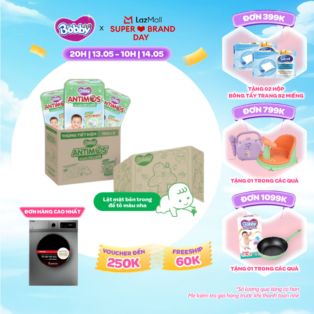 [CHỈ 20h 13.05 QT Đơn 899K/1199K][THÙNG TIẾT KIỆM TÔ MÀU] Combo 3 gói tã Quần Xua Muỗi Bobby Antimos – Hàng rào Sả tự nhiên Bye Muỗi 8H - M52