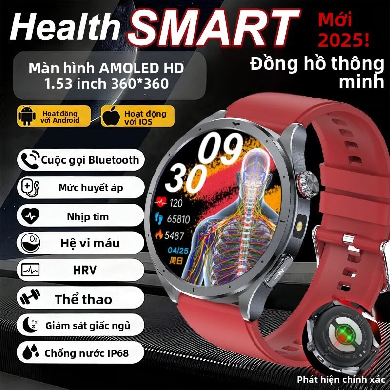 Đồng Hồ Thông Minh Sức Khỏe Mới 2025, Màn Hình 1.53 Inch, Đo Điện Tâm Đồ (ECG), Nhịp Tim (HRV), Huyết Áp, Oxy Máu, Chống Nước IP68, Theo Dõi Giấc Ngủ, Hỗ Trợ Gọi Bluetooth, Tương Thích Với Android Và iOS