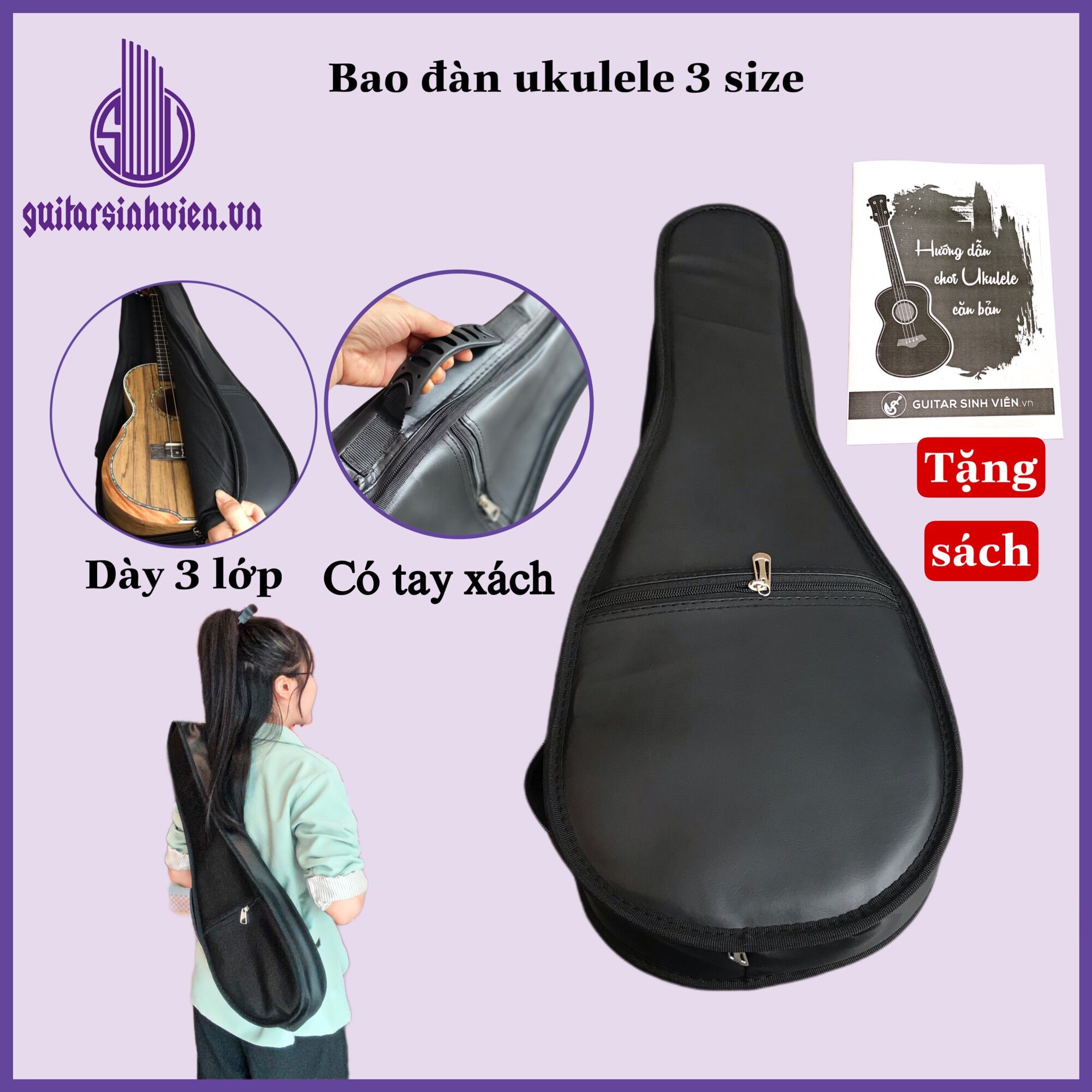 Bao da ukulele 3 lớp cho đàn Concert , Soprano, Tenor - 3 lớp chống nước chống sốc - Tặng 1 phím Alice