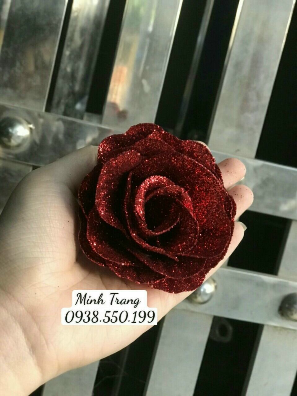 Bông hoa hồng nhũ size 7cm hoa sáp nhũ