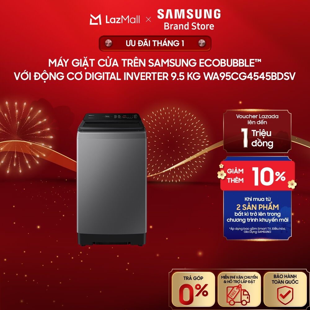   MIỄN PHÍ VẬN CHUYỂN  Máy giặt cửa trên Samsung EcobubbleTM với Động cơ Digital Inverter 9.5 kg WA95CG4545BDSV 