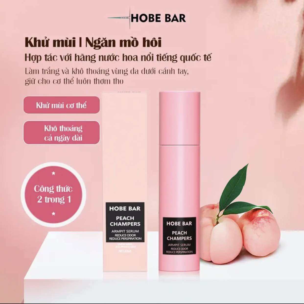 Lăn khử mùi HOBEBAR 20ml hương đào ngăn tiết mồ hôi giúp trắng sáng và giữ khô thoáng khử mùi cho vù