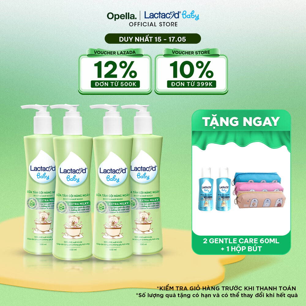 Bộ 4 chai Sữa Tắm Gội Trẻ Em Lactacyd Baby Extra Milky Làm Sạch Dịu Nhẹ và Dưỡng Ẩm Vượt Trội 500ml/chai