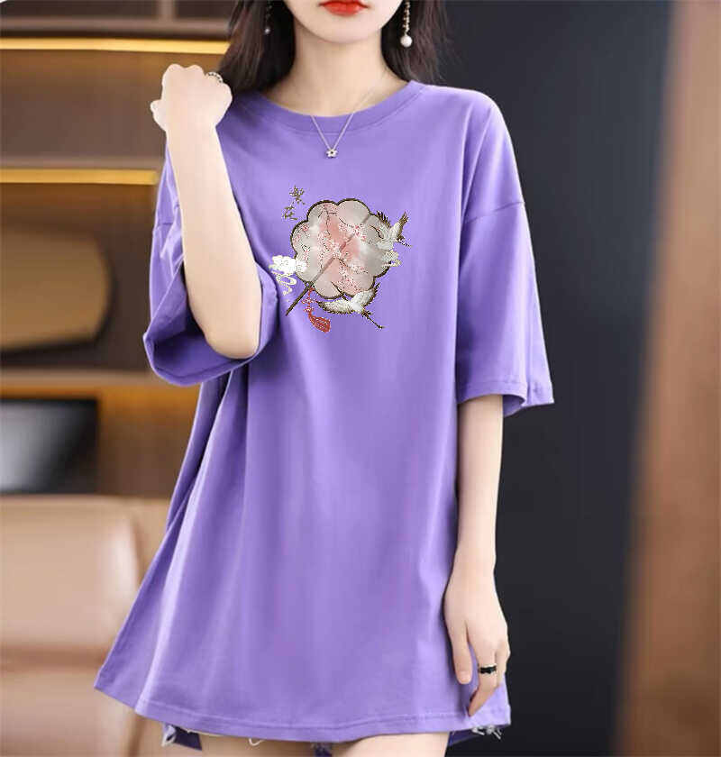 Áo Thun Nữ Tay Ngắn Phong Cách Trung Quốc, Áo Thun in Họa Tiết Mùa Hè, Cổ Tròn, Dài Vừa Phải, Thường Ngày, Tay Ngắn, Trung Tính