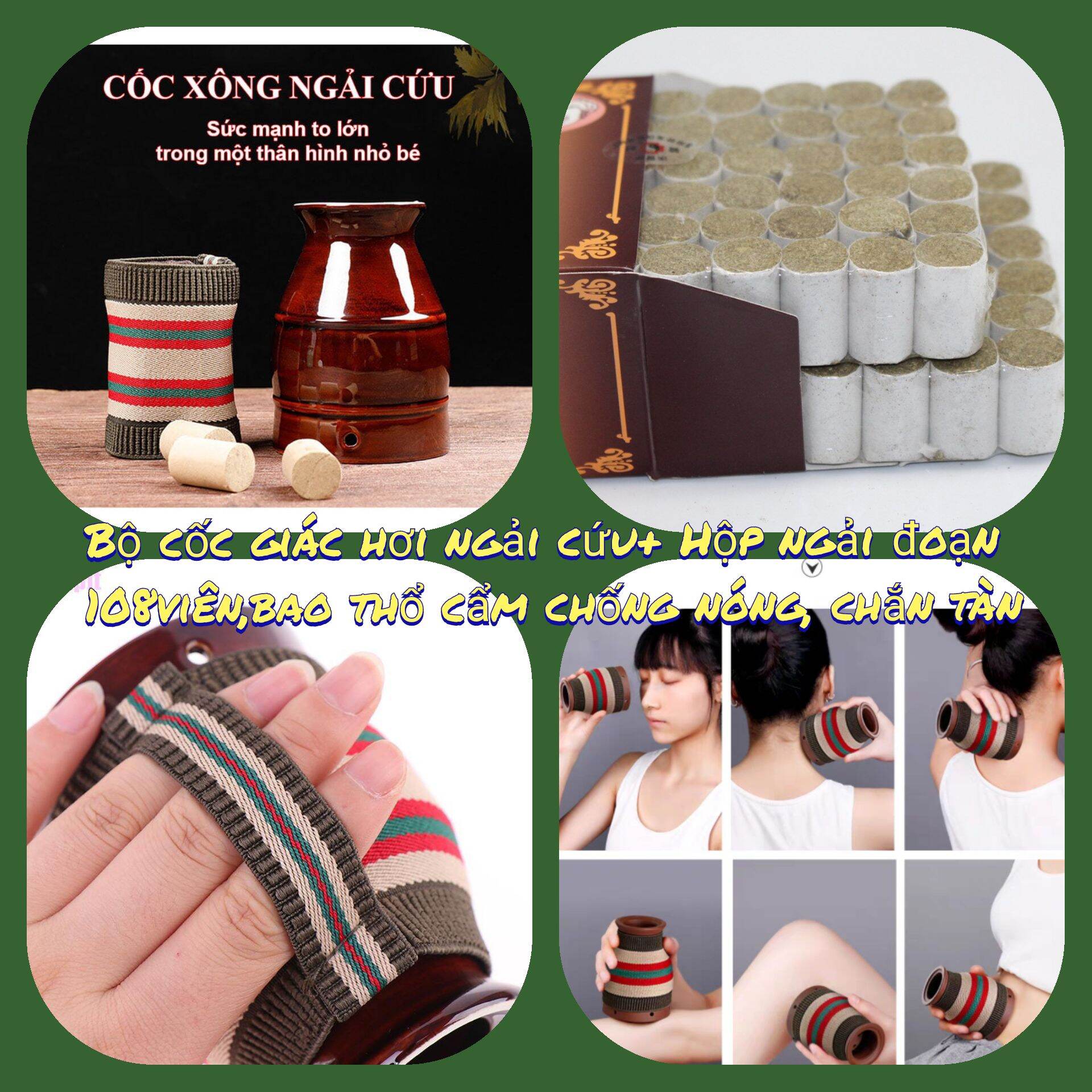 Bộ cốc xông ngải cứu,cốc giác hơi ngải cứu+ hộp ngải đoạn 108 viên, cốc cứu ngải Phù dương