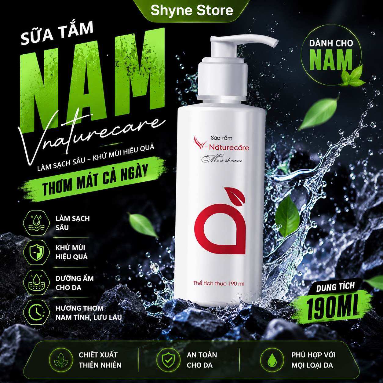 Sữa Tắm Nam V-Naturecare Men Shower 190ml | Làm Sạch Sâu - Khử Mùi Cơ Thể - Lưu Hương Nam Tính - Dưỡng Ẩm Da - Organic