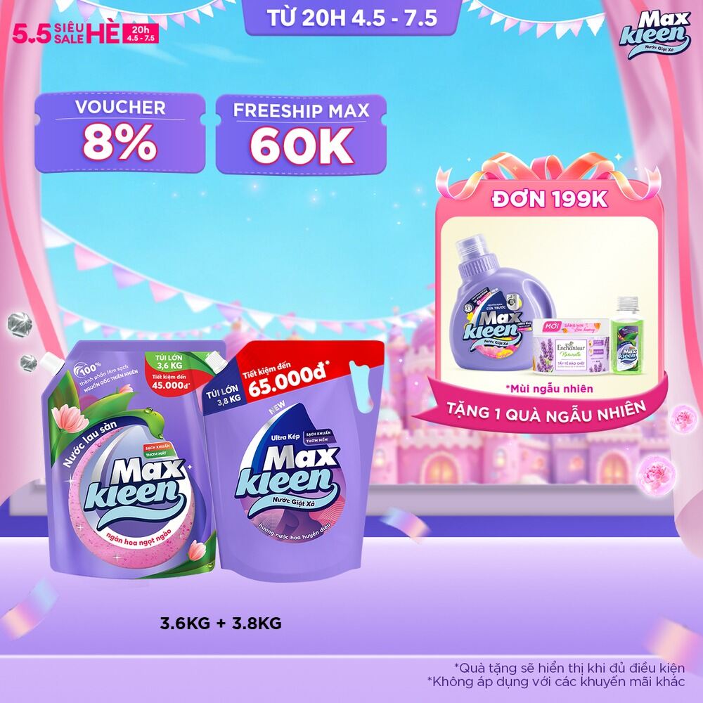 Combo Túi Nước Lau Sàn MaxKleen 3.6kg Ngàn hoa ngọt ngào + Túi Nước Giặt Xả MaxKleen 3.6kg/3.8kg (Hoa Nắng/Huyền Diêu/Vườn Sớm Mai/Thiên Nhiên)