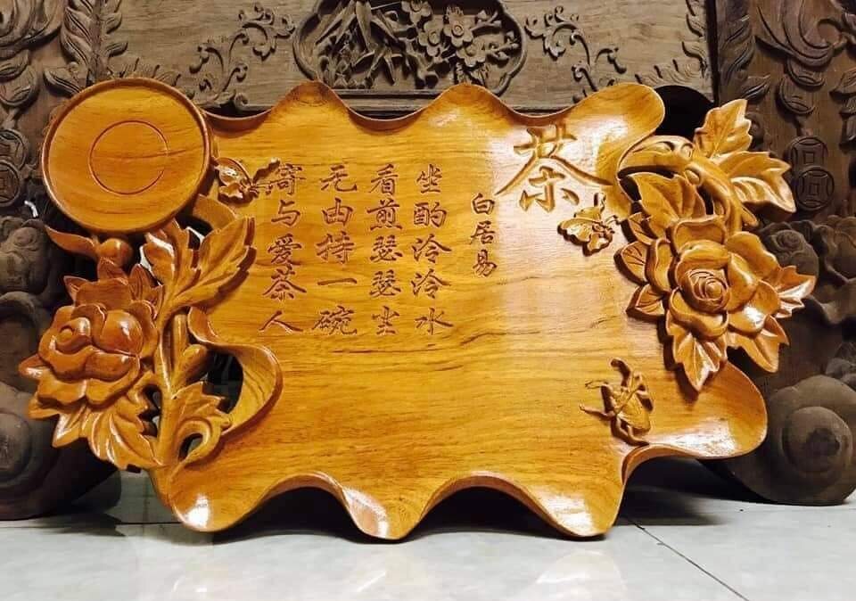 KHAY TRÀ HOA HỒNG GỖ GỤ 50x30cm