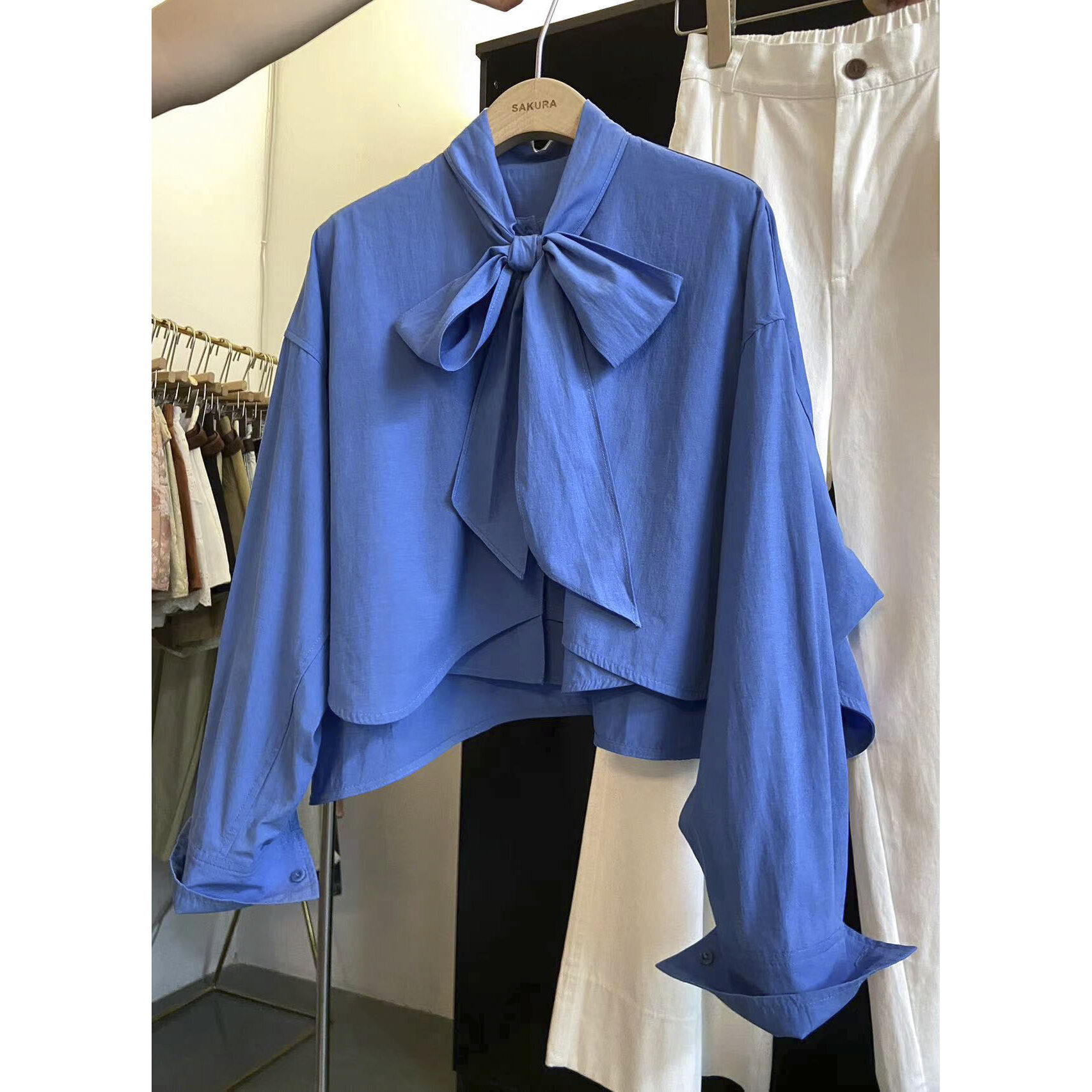 Áo Sơ Mi Nữ Tay Dài Không Đều Thiết Kế Nơ Bướm Phong Cách Hàn Quốc Mùa Thu 2024 Áo Sơ Mi Cổ Polo Màu