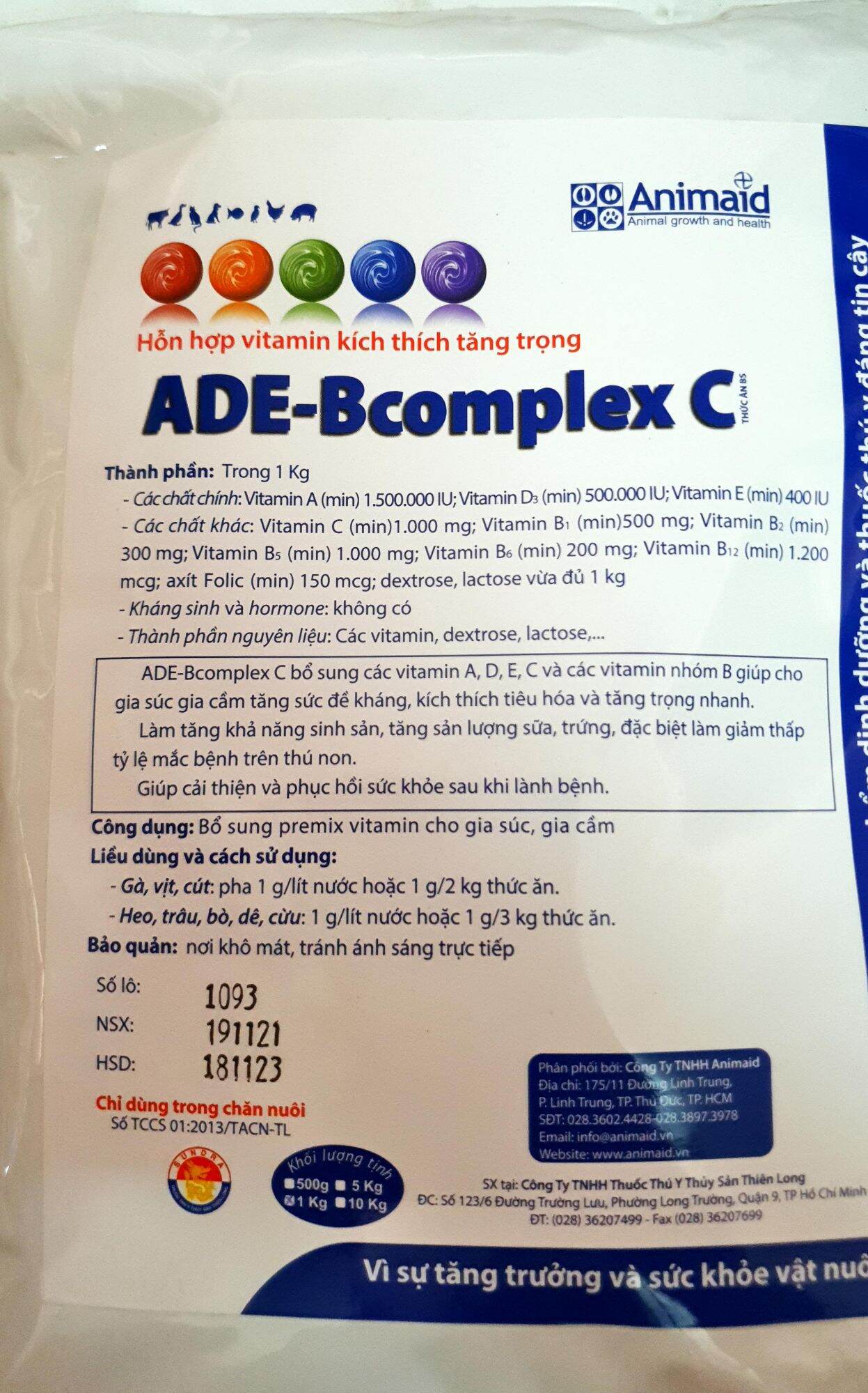 Animaid ADE B complex C (1kg) - Bổ sung vitamin tổng hợp cho gà vịt cút chó mèo (HSD 12/2025)
