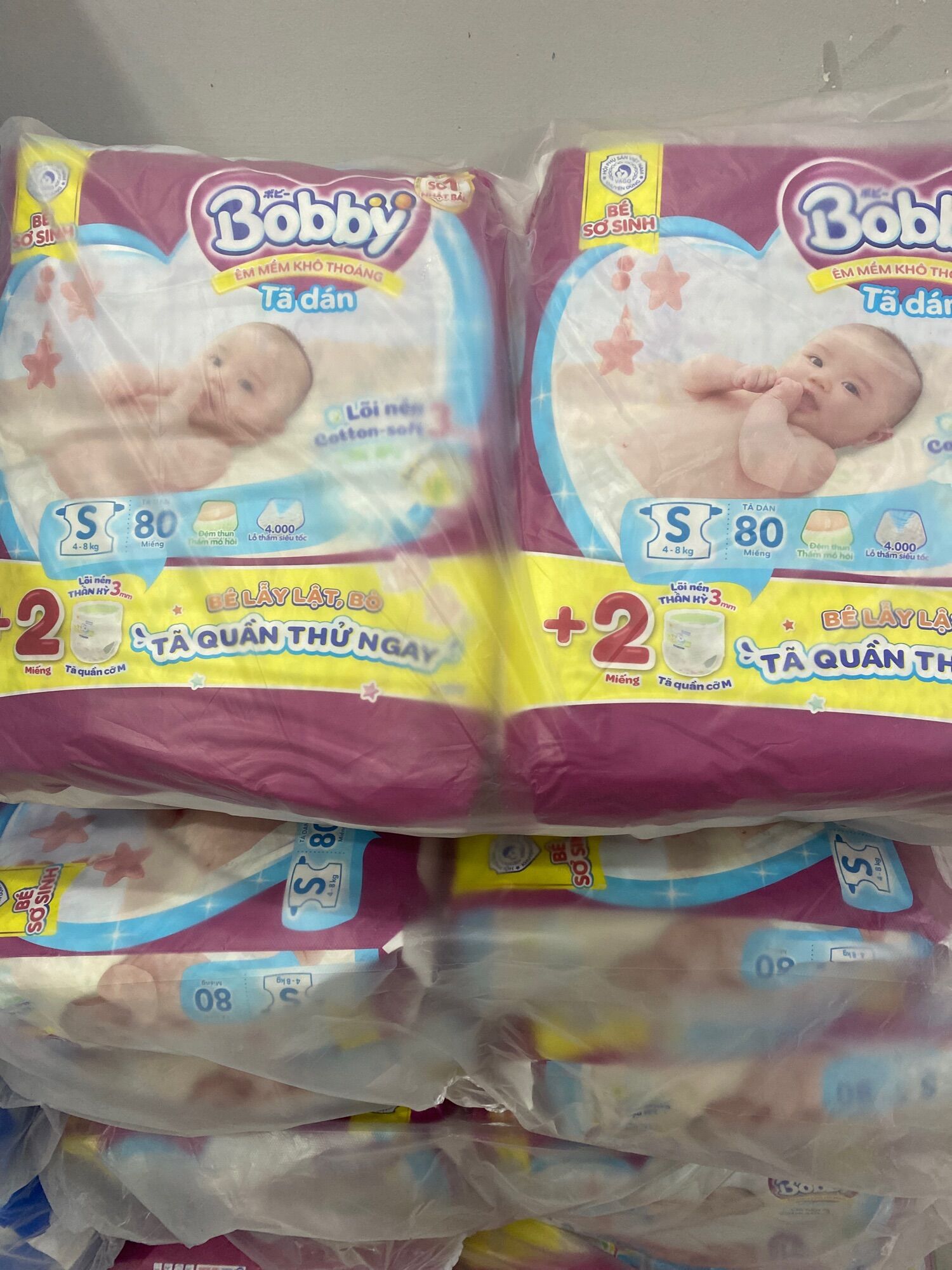 Combo 2 gói tã dán bobby siêu khô thoáng size S80 miếng cho bé từ 4-8 ký