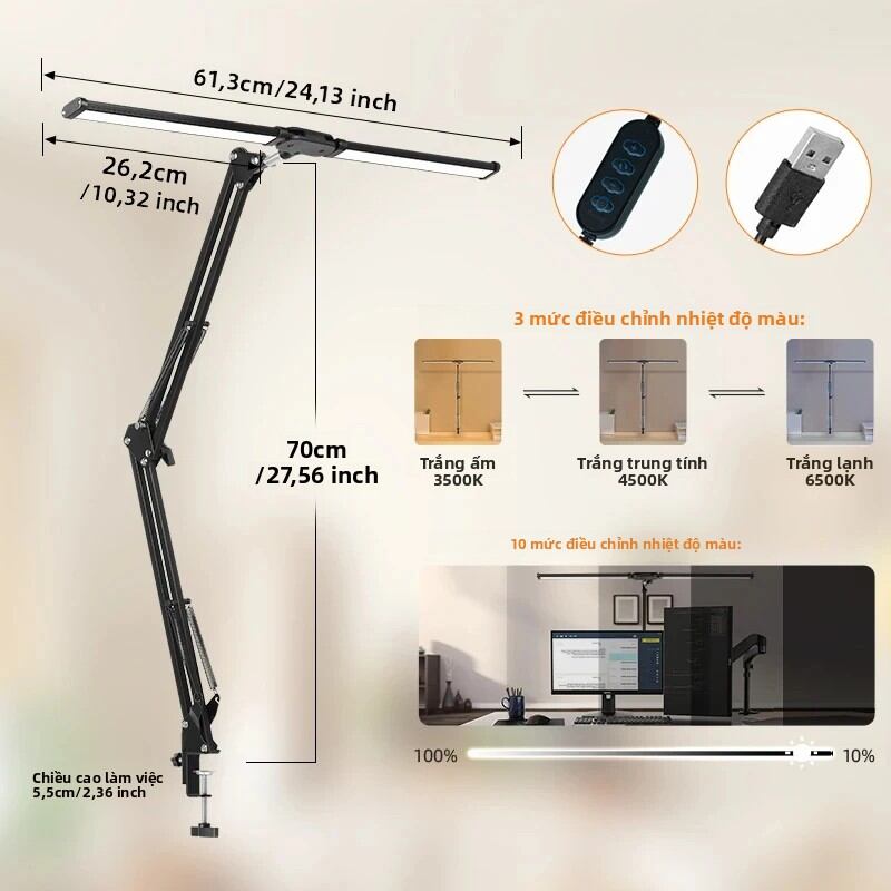 Đèn Bàn LED Có Thể Điều Chỉnh Độ Sáng Đèn Bảo Vệ Mắt Hai Đầu Cho Màn Hình Máy Tính Máy Trạm Văn Phòng Đèn Đọc Sách