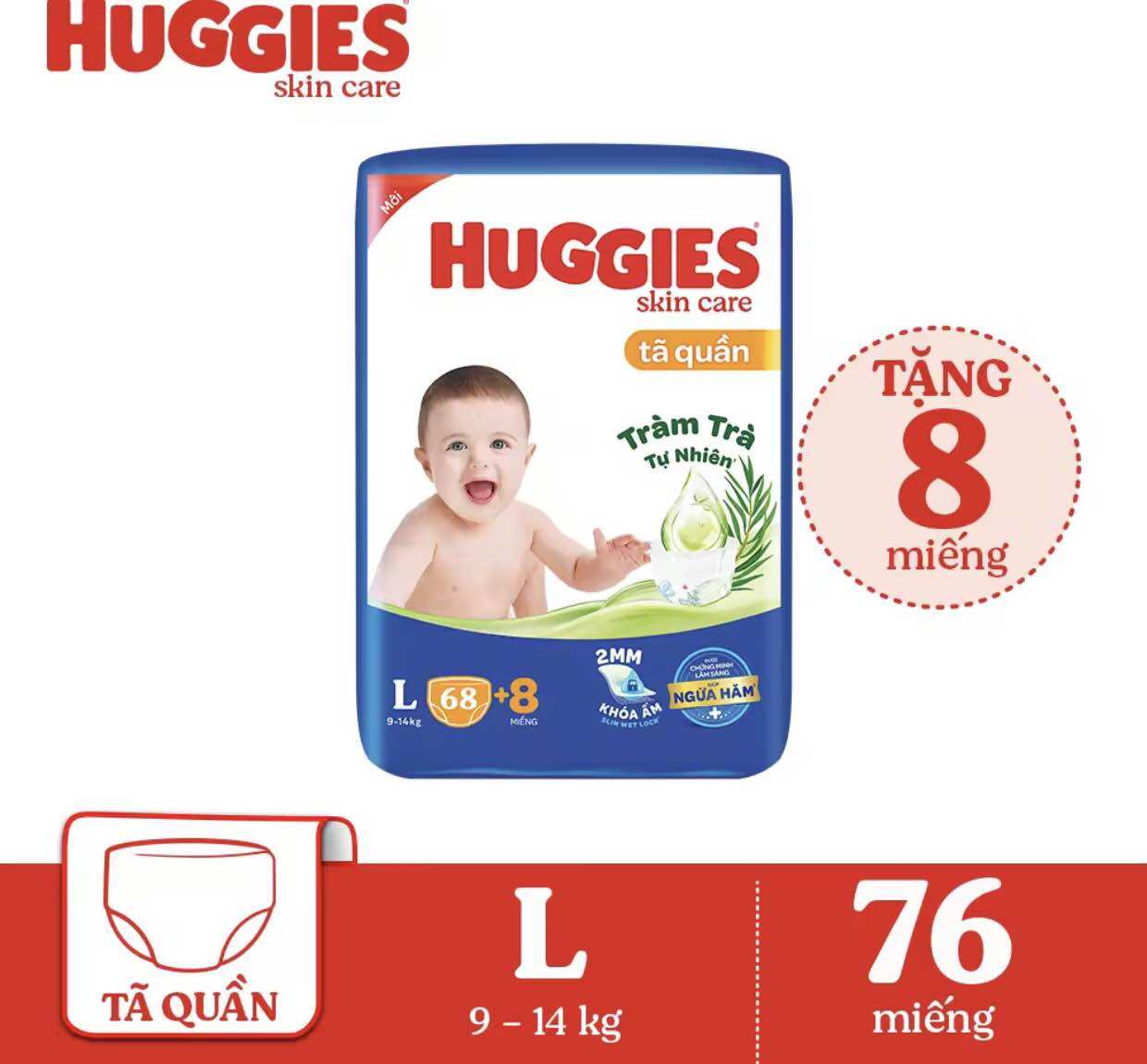 Tặng 8 quần TÃ QUẦN HUGGIES L68+8 bao bì mới trà tràm